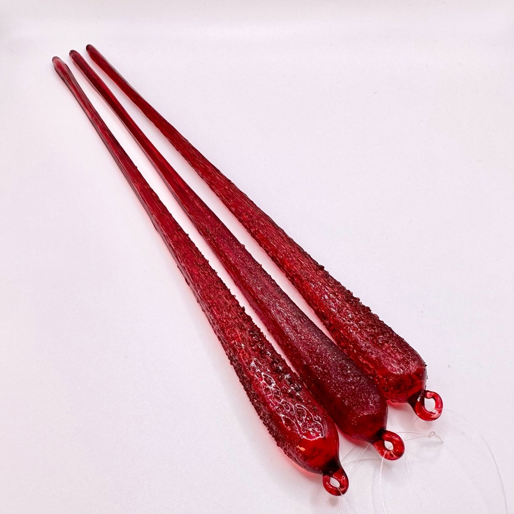 Set of 3 Red Textured Icicle Ornaments